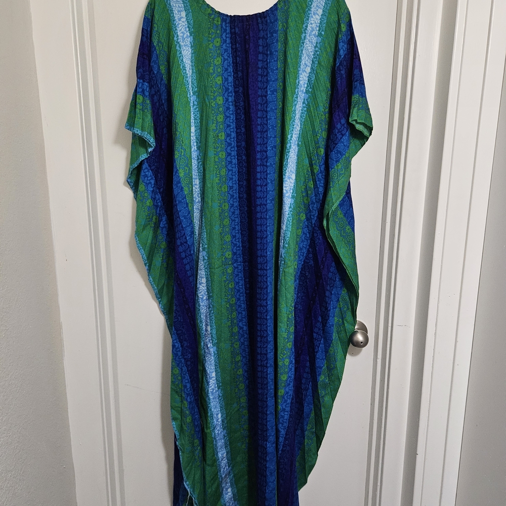 Vintage Vibrant Blue and Green Striped Kaftan - Picture 7 of 7
